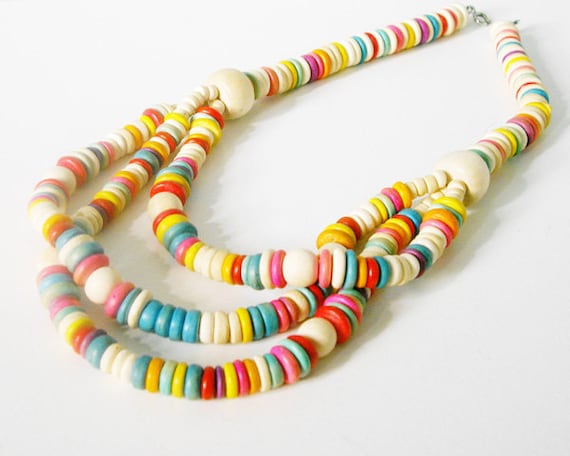 Vintage rainbow candy wood beaded multiple strand necklace - fun and happy and perfect for summer - bright blue pink red yellow wooden beads