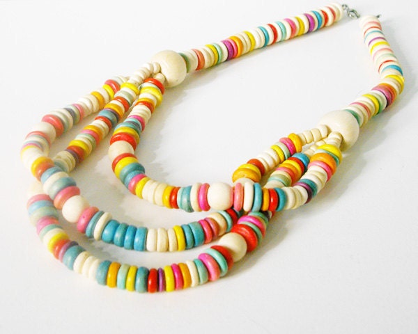Vintage rainbow candy wood beaded multiple strand necklace - fun and happy and perfect for summer - bright blue pink red yellow wooden beads