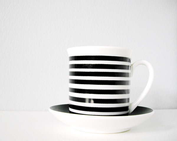 Vintage striped cup with saucer - black white teacup and plate - cup with stripes