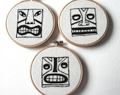 Tiki Head Triptych Hand Embroidered Original Illustration Hoop Art