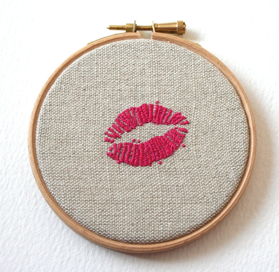Hand Embroidered Stitched Illustration Bright Pink Lips Lipstick Traces Hoop Art