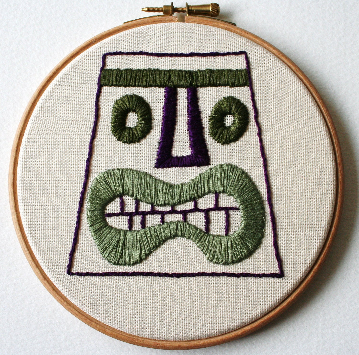 Tiki Head Hand Embroidered Plaque Moss Green Purple Hoop Art