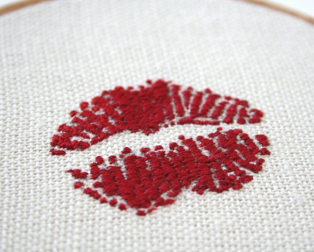 Bright Red Lipstick Traces Hand Embroidered Wall Plaque Hoop Art