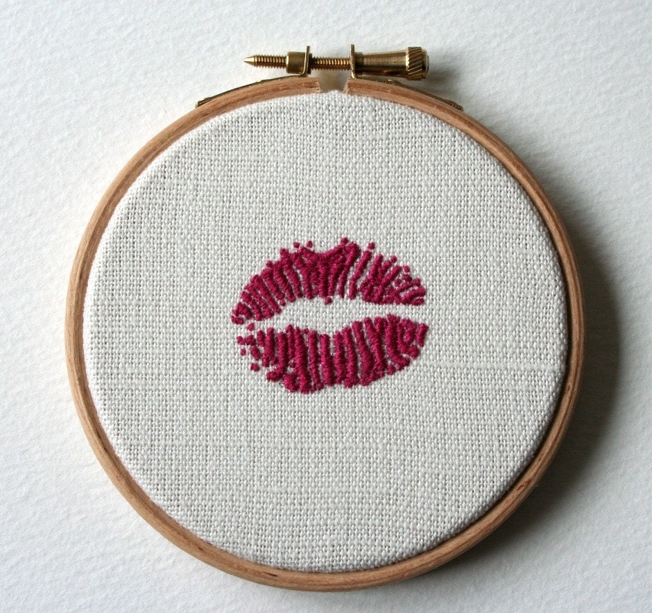 Shocking Pink Lipstick Traces Hand Embroidered Hoop Art