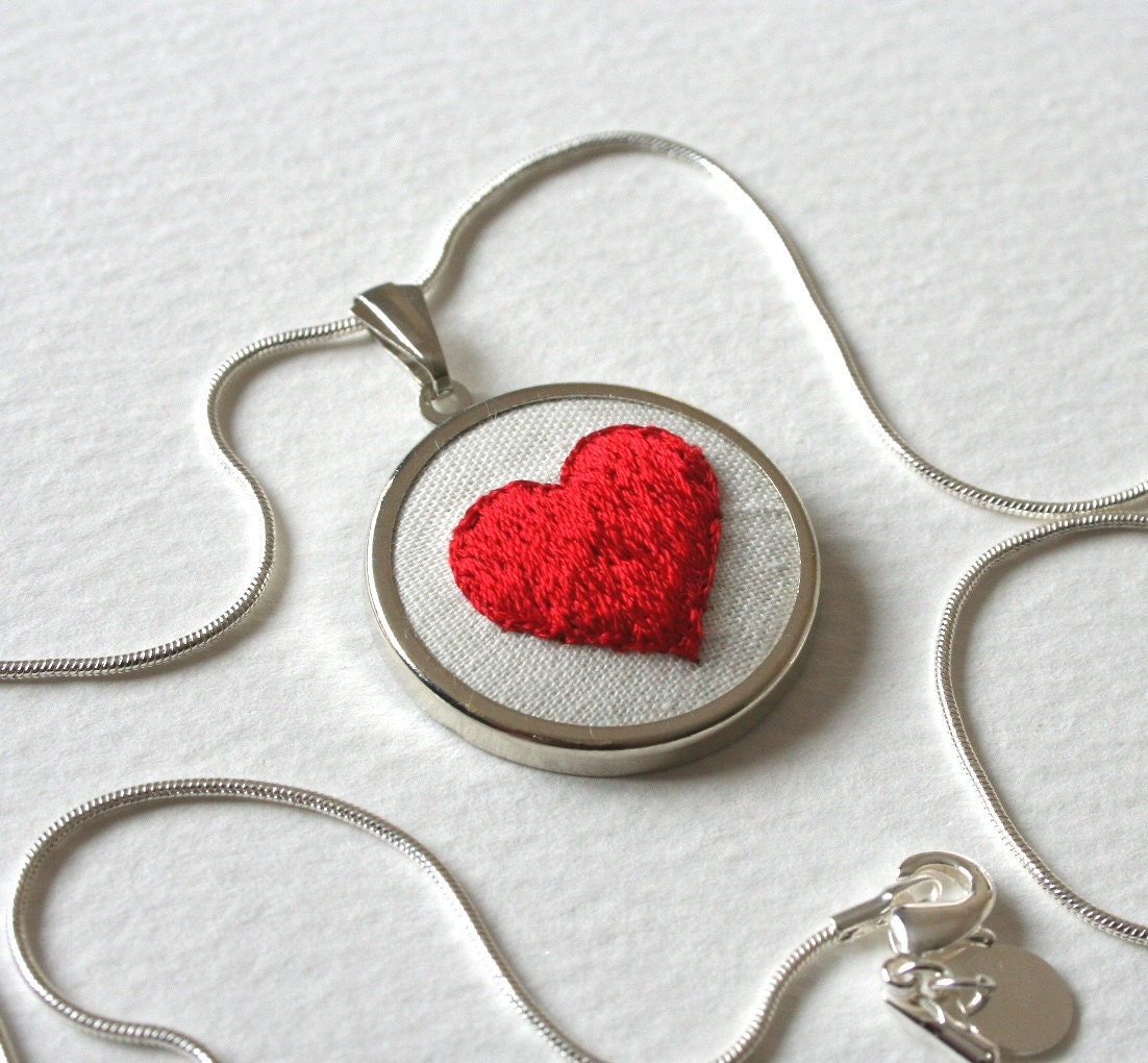 Hand Stitched Red Heart Hand Embroidered Necklace