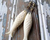 Fish Earrings, vintage ivory acrylic fish, swivel snaps, nature-inspired jewelry, nautical fashion, eco, summer fashion