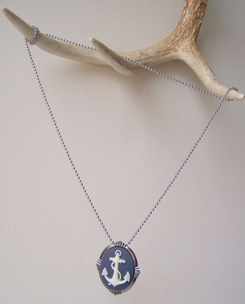 Anchor Necklace - ivory anchor, navy background, cameo, brooch, nautical fashion, summer fashion