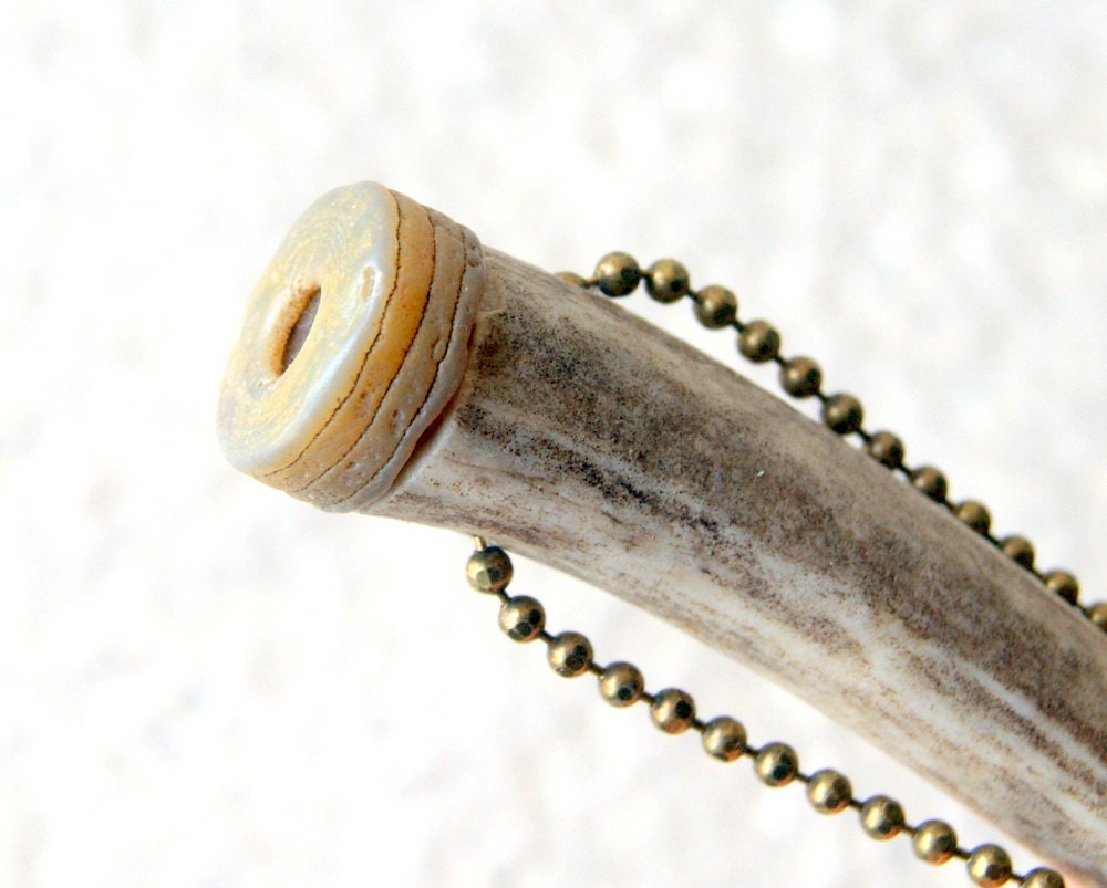 Antler necklace antler tip with crinoid stem tribal boho unisex under 40