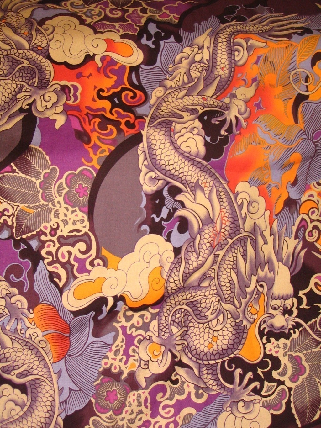 purple and orange Tatsu dragon cotton fabric by curiouscatclothing