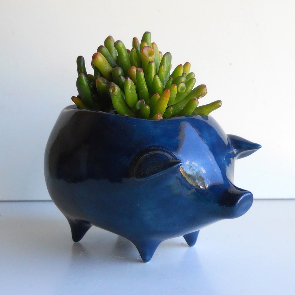 Ceramic Pig Planter Vintage Design in Navy