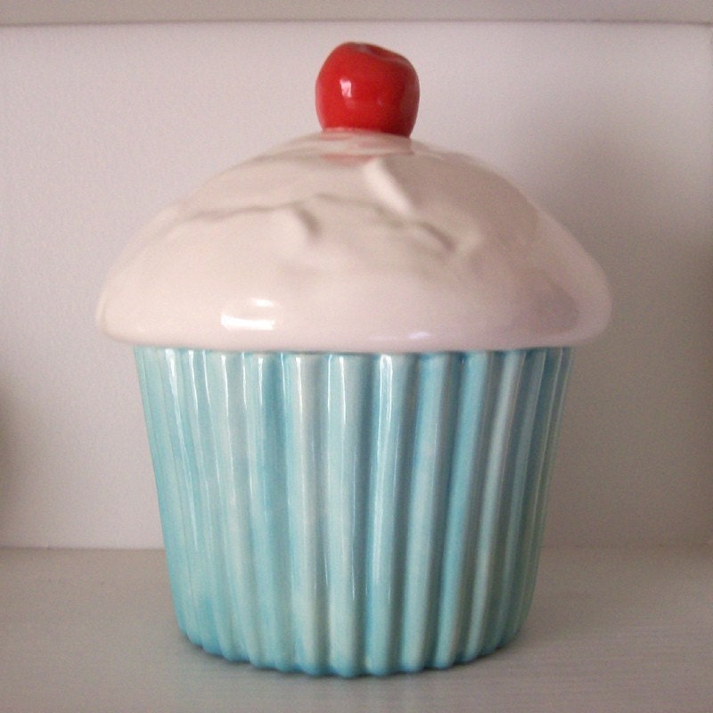 Ceramic Aqua Mint Cupcake Cookie Jar PREORDER by fruitflypie