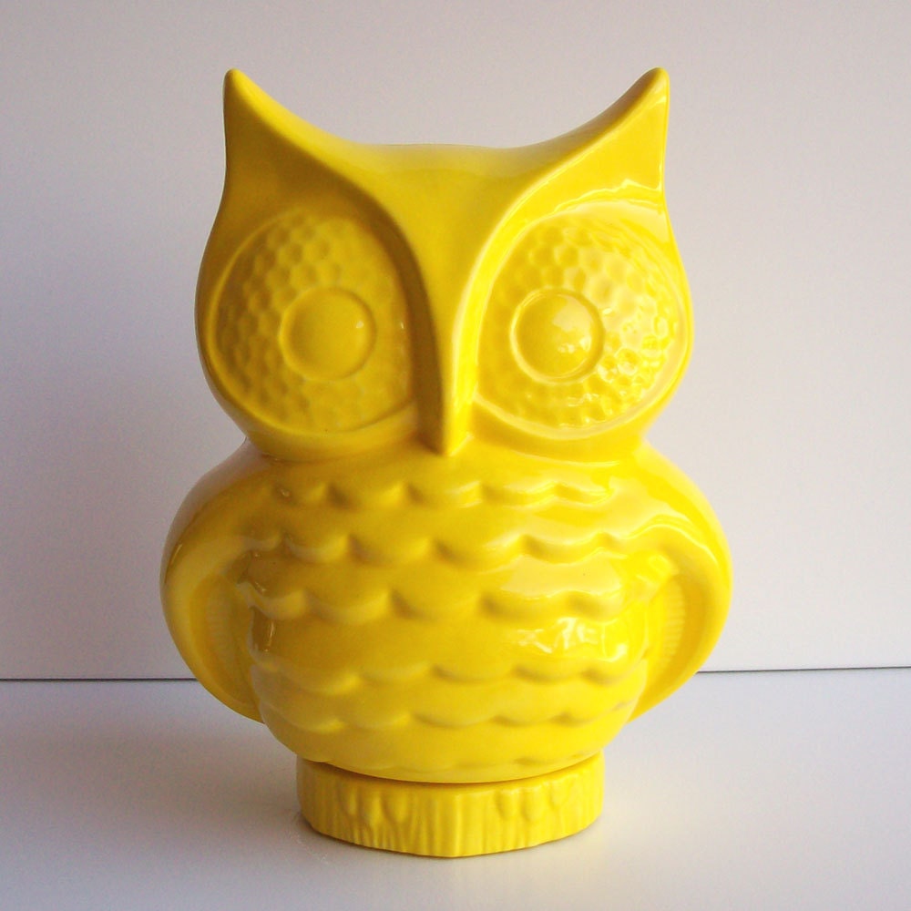 Ceramic Owl Planter Vintage Design Lemon Yellow