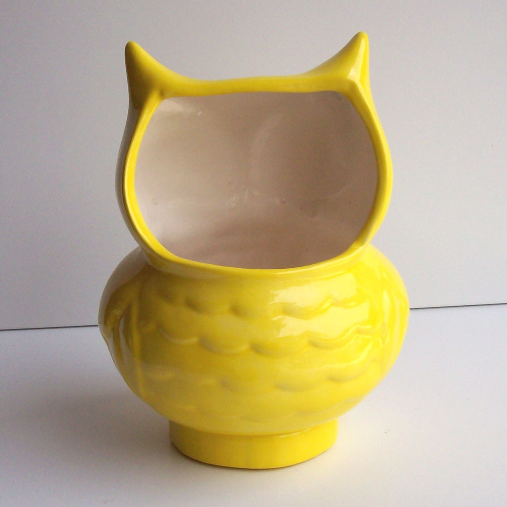 Ceramic Owl Planter Vintage Design Lemon Yellow