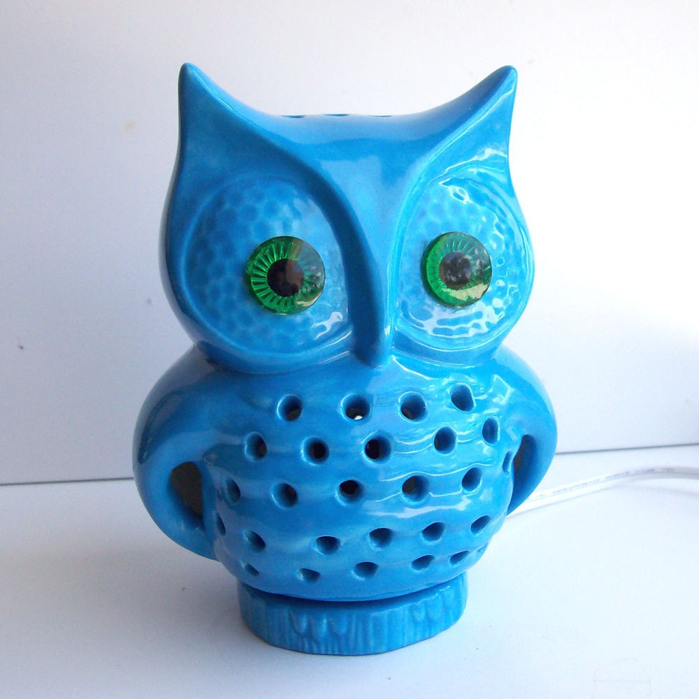 Ceramic Owl TV Lamp Vintage Design In Turquoise