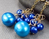 Blue Cluster Earrings Gold Blue Earrings Cluster Pearl Earrings Long Chain Gold Long Cluster Earrings