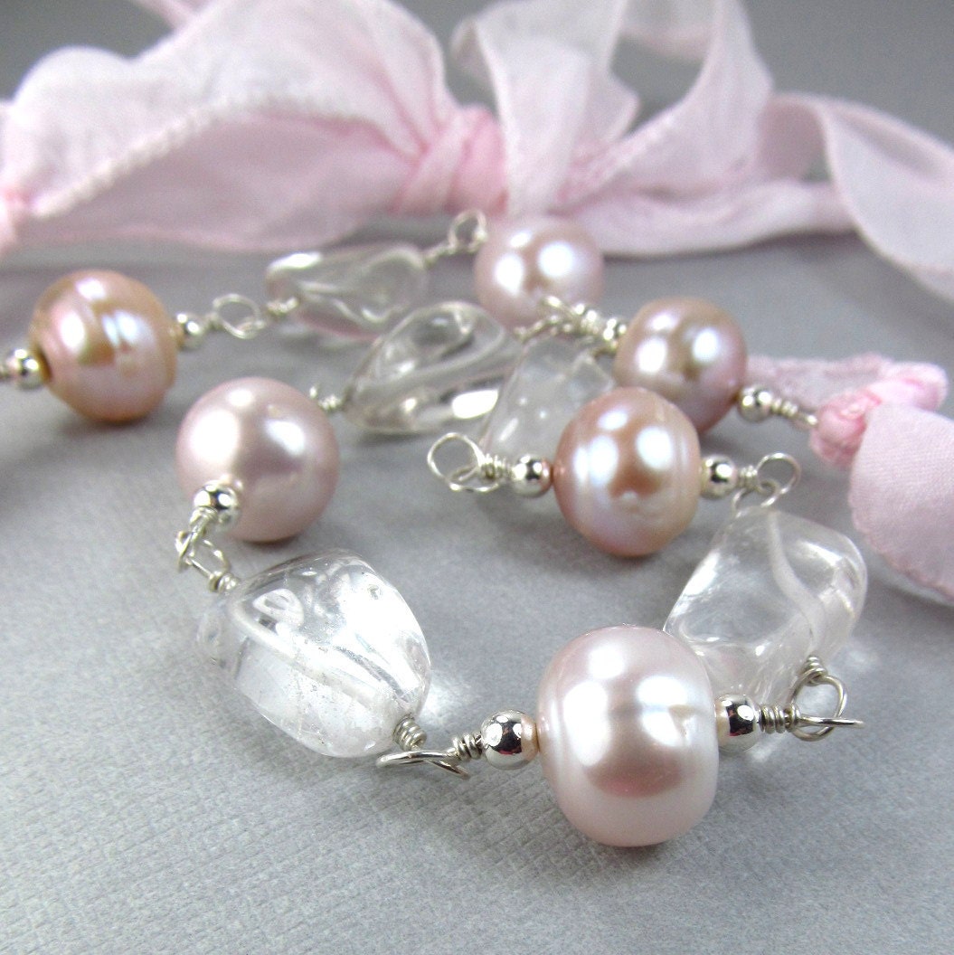 Pink Silk Ribbon Necklace Crystal Quartz Gemstones & Freshwater Pearl Jewelry  Pastel Pink Feminine Necklace