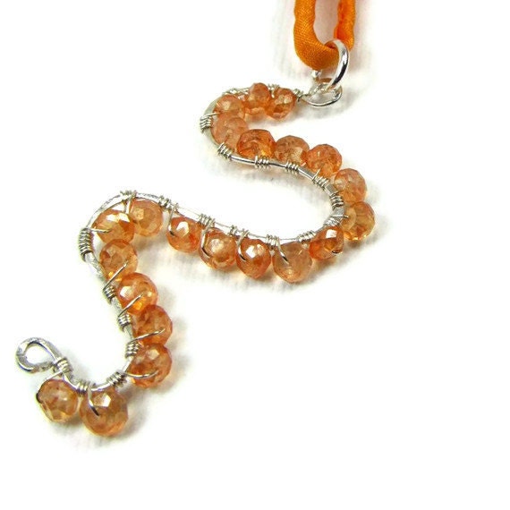 Orange Silk Necklace Tango Tangerine Pendant Orange Gemstone Necklace Mystic Quartz Silk Ribbon Necklace