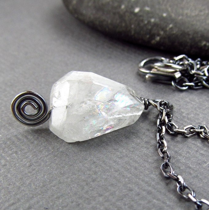 White Aquamarine Pendant Black Patina Sterling Silver Longer Necklace Rough Gemstone Pendant Natural Organic Jewelry Oxidized Silver