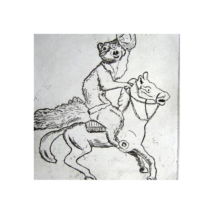 SQUIRREL original etching of Roadkill Rodeo