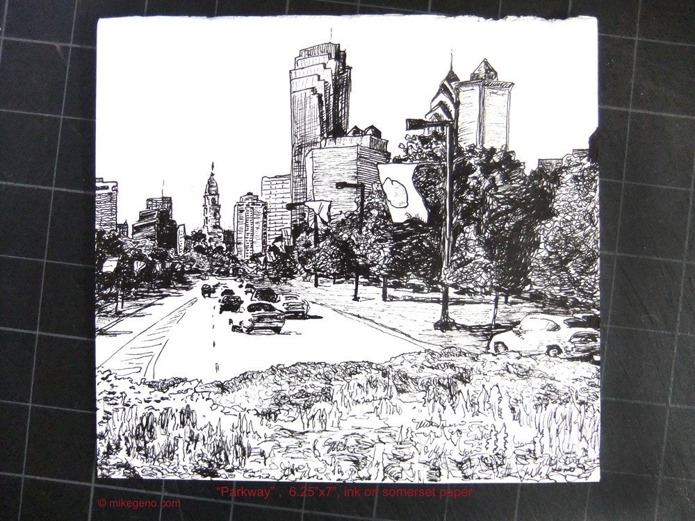 PARKWAY original ink drawing -Philadelphia cityscape