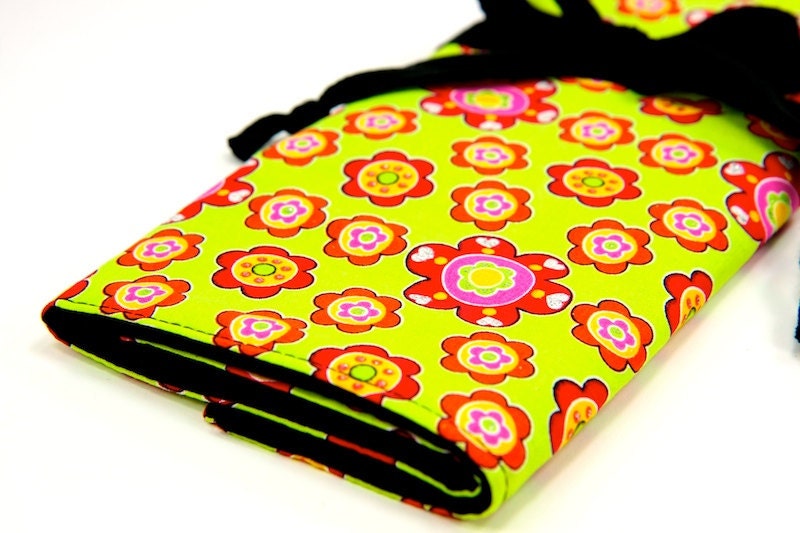Knitting Needle Case Organizer Large Organizer - Flower Shapes on Lime - 30 black pockets - Last One