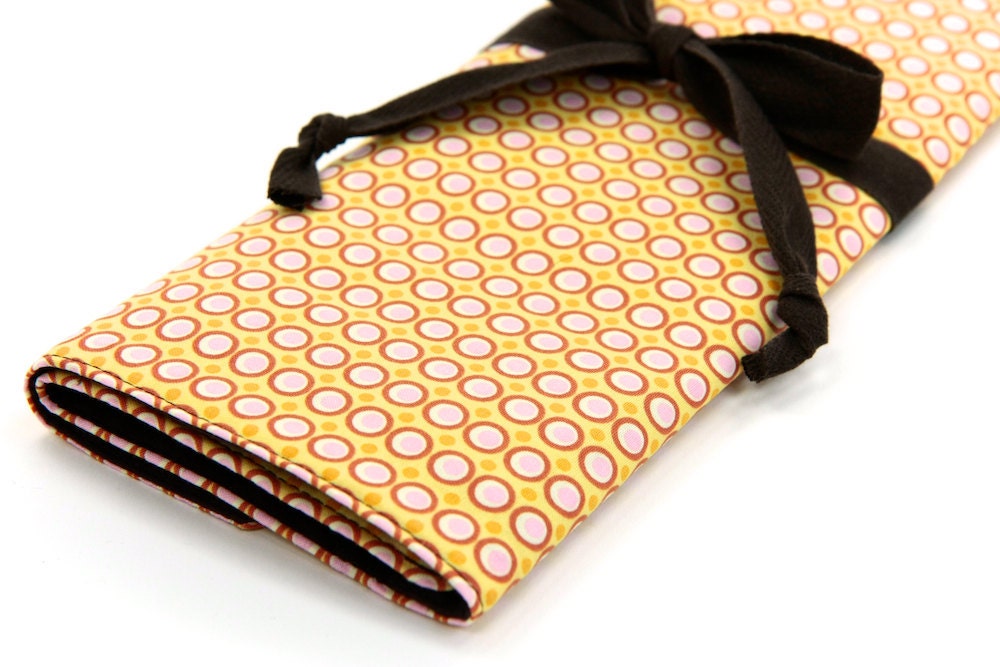Large Knitting Needle Case or Art Tool Organizer - Modern Happy Dots - 30 brown pockets for circular, straight, dpn, or paint brushes