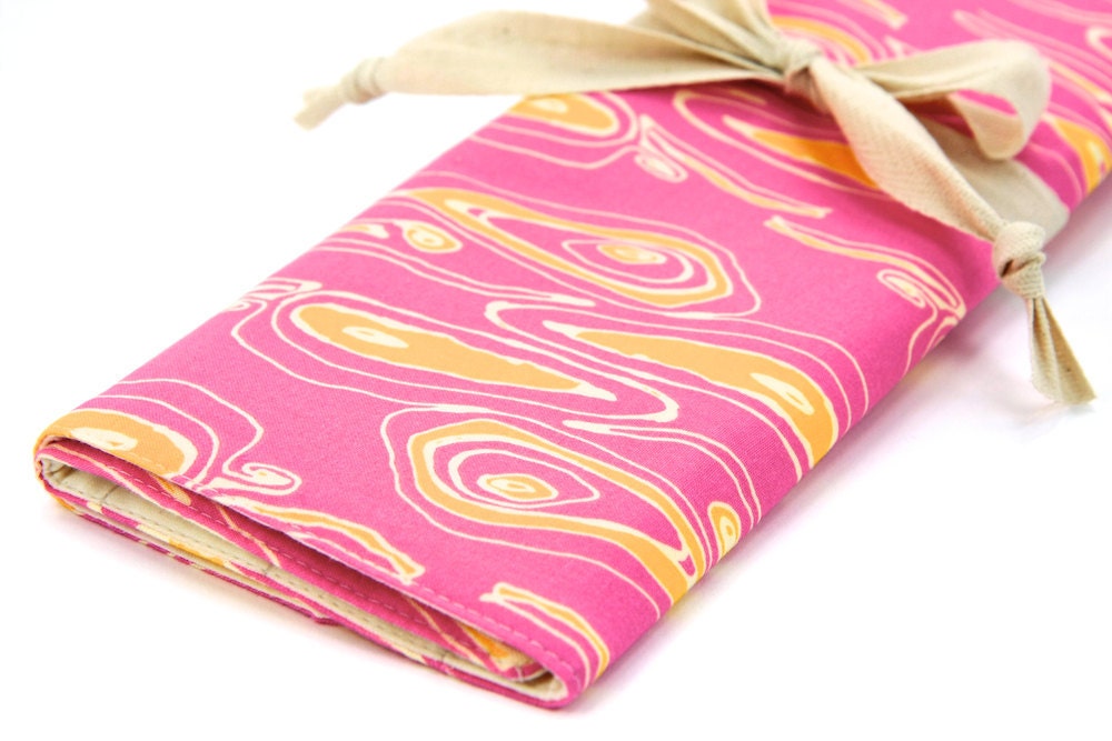 Large Knitting Needle Case Organizer - Pink Opal Owl - 30 natural pockets for circular, straight, dpn, or paint brushes