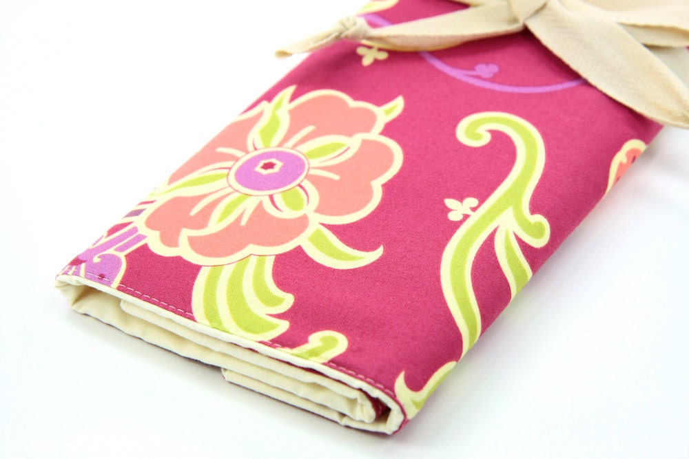 Large Knitting Needle Case Organizer - Gypsy Velvet Vine - 30 natural pockets for circular, straight, dpn, or paint brushes