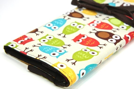 Large - Knitting Needle Case Organizer URBAN OWLS 30 Brown pockets for all sizes or paint brushes FEATURED in Knit Simple Magazine