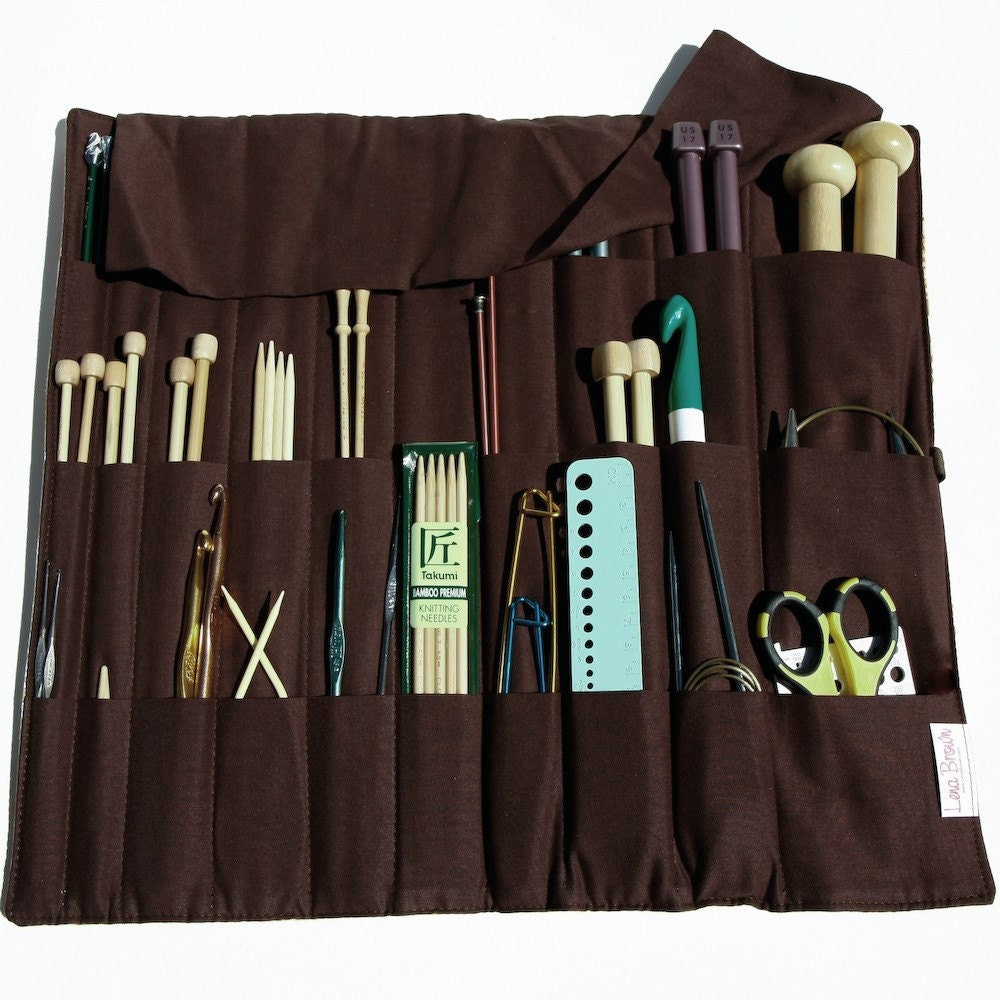 Large - Knitting Needle Case Organizer URBAN OWLS 30 Brown pockets for all sizes or paint brushes FEATURED in Knit Simple Magazine