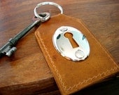 Cognac Leather Key Fob with Escutcheon and Vintage Key - Lincey Keyhole Key Ring