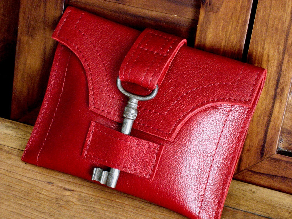Red Leather Wallet with Antique Skeleton Key - Red Hot Steampunk Snap Wallet - MADE TO ORDER
