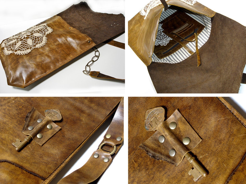 XL Boho Leather Messenger Bag with Crochet Doily and Antique Steamship Key - One Of A Kind