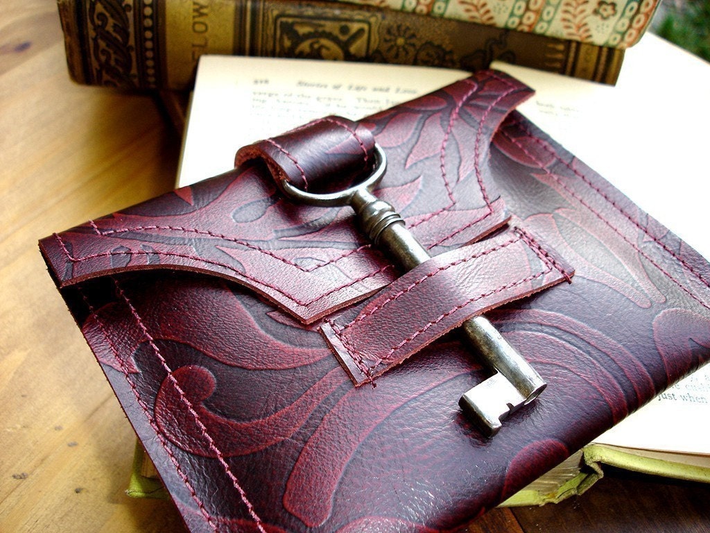 Damask Leather Wallet with Antique Skeleton Key...Antique Claret
