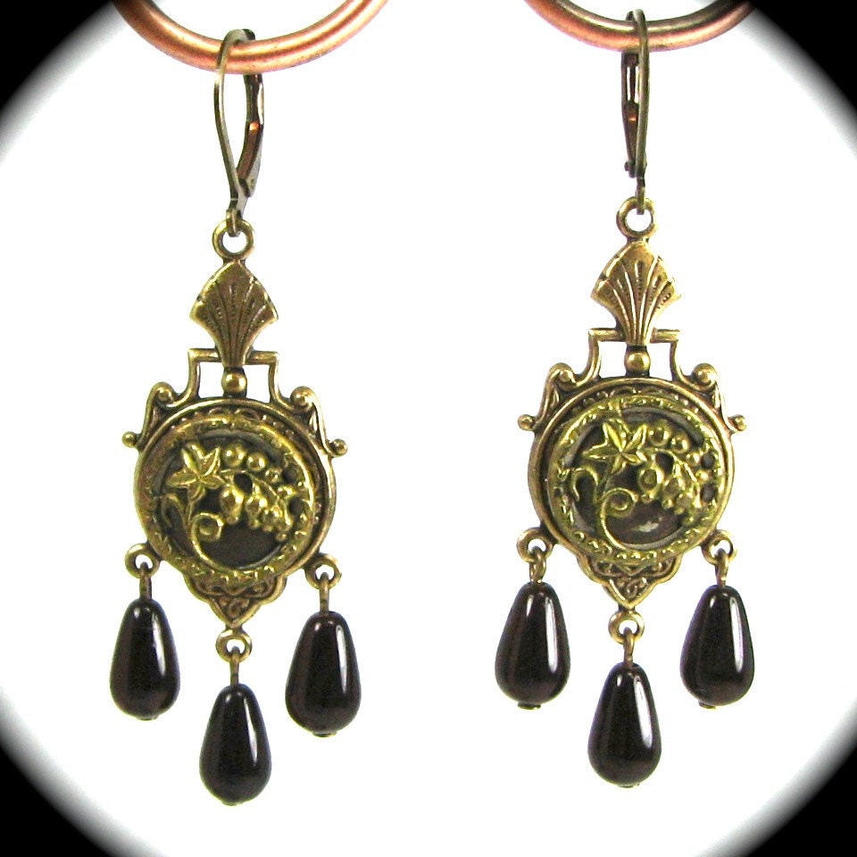 Victorian Picture Button Earrings LOVE Lies BLEEDING with Czech Glass and RARE Circa 1880s Antique Bleeding Heart Flower Buttons