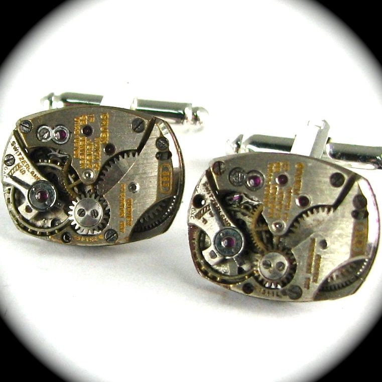 Steampunk Cufflinks Featuring UNIQUE GRUEN Vintage Watch Cufflinks Ruby Jeweled MATCHED