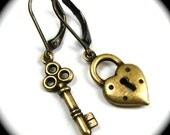 Heart Shaped Lock and Key Earrings "Key to my Heart" in Antiqued Brass by Nouveau Motley
