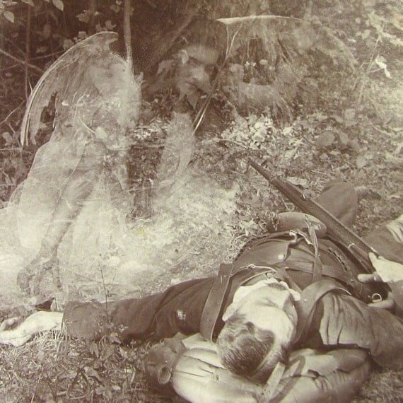 RARE Stereoview 'The Dead Soldier' Civil or Spanish War Soldier with GUARDIAN ANGEL Circa 1901
