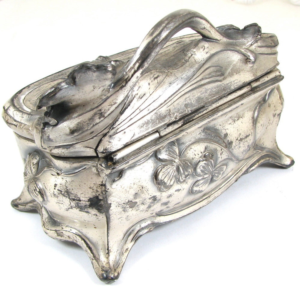 Medium Sized Silver Art Nouveau Trinket Box - Clover Motif - Think of Me - Signed- CIRCA 1910