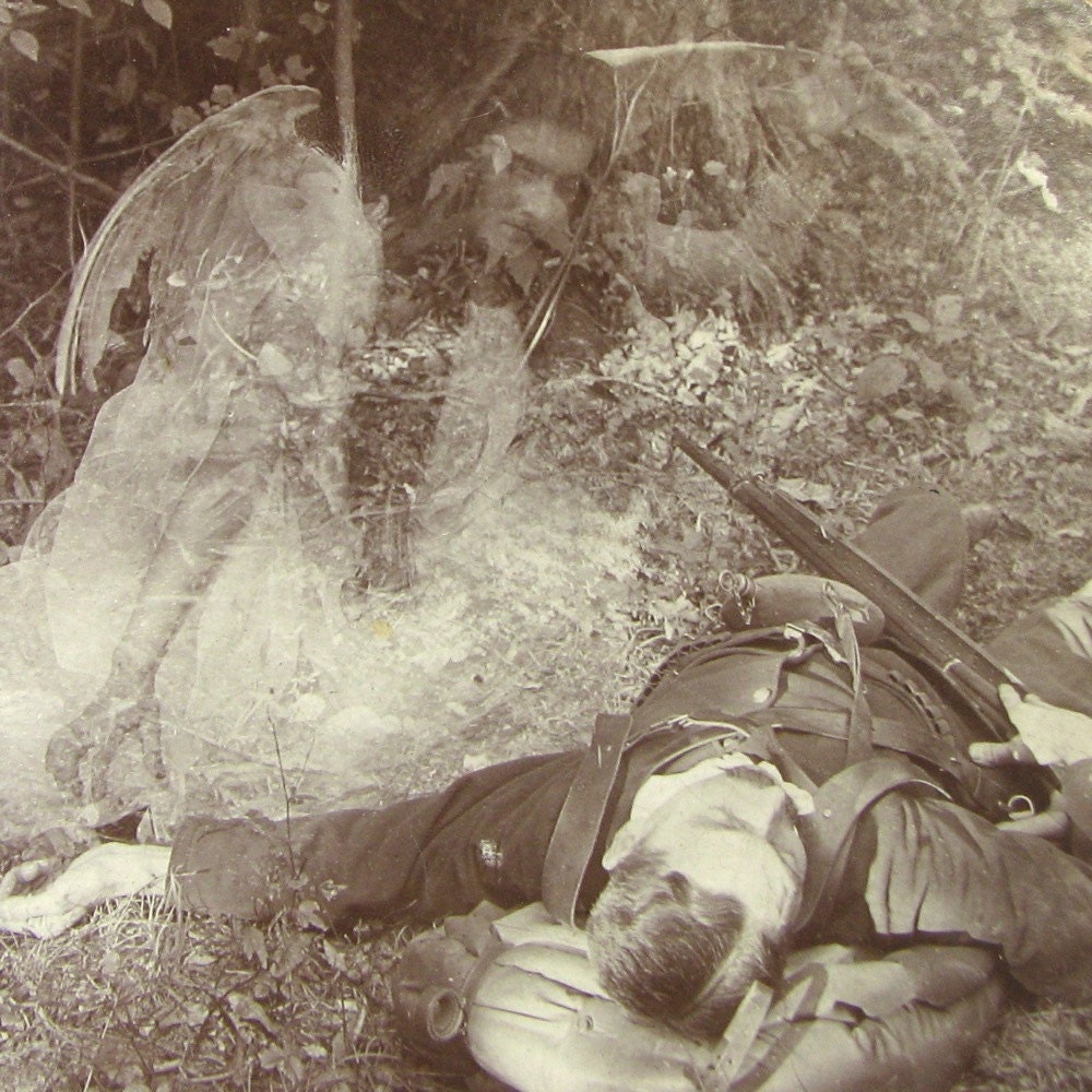 RARE Stereoview 'The Dead Soldier' Civil or Spanish War Soldier with GUARDIAN ANGEL Circa 1901