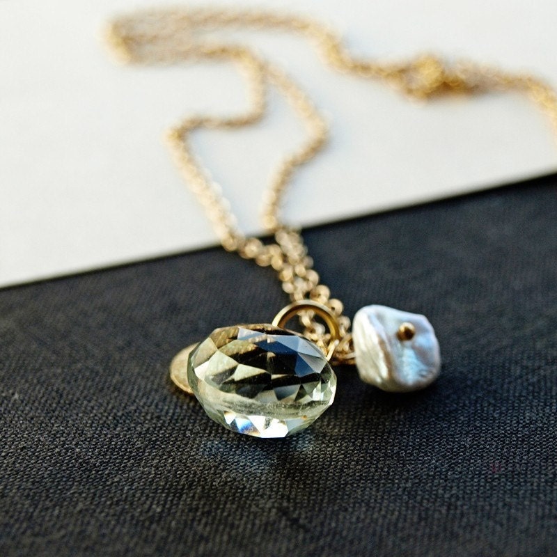 Golden Light Necklace Green Amethyst Gemstone Freshwater Pearl Gold Handmade Jewelry