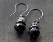 Tribal Graphic Earrings - Black Line Jasper and Garnet Gemstone Oxidized Sterling Silver Handmade Jewelry