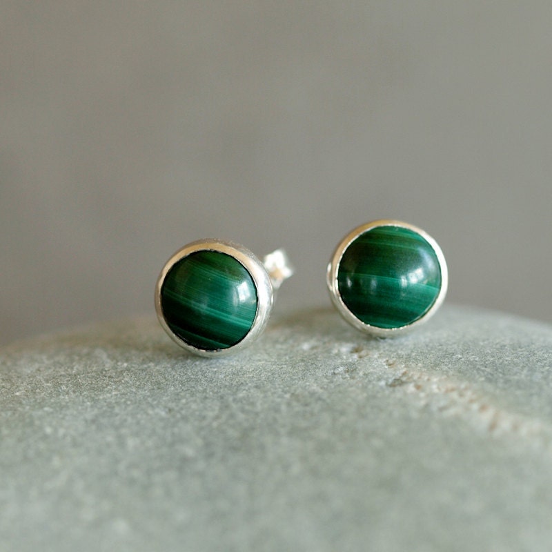 Malachite Stud Post Earrings Green Gemstone Sterling Silver Dot Classic Preppy Handmade Jewelry