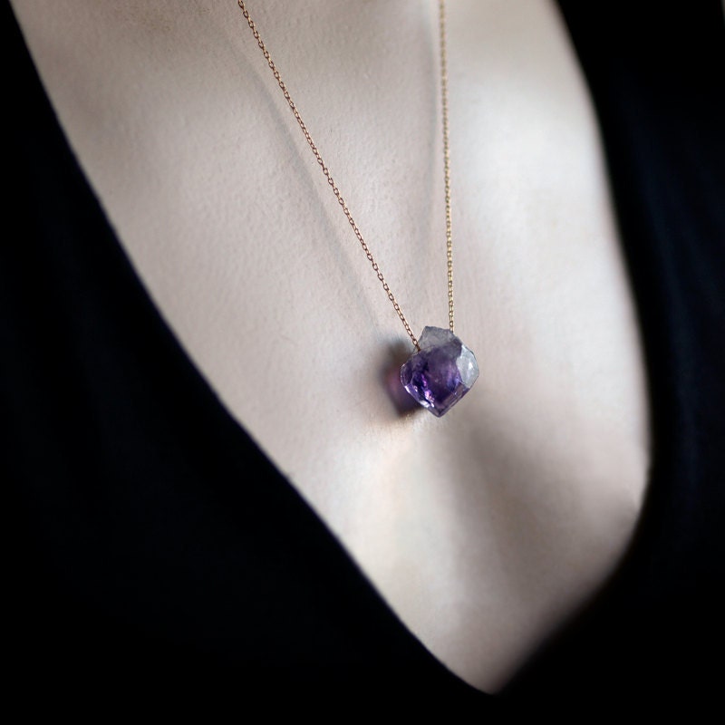 Raw Amethyst and Gold Necklace Rough Gemstone Crystal Handmade Jewelry