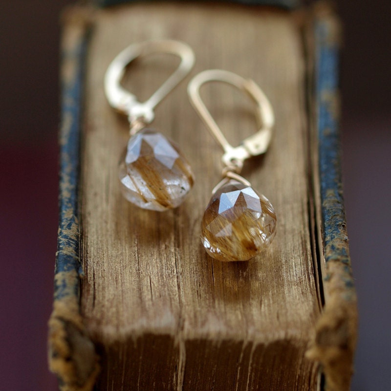 Golden Rutilated Quartz Earrings Gold Filled Leverback Faceted Gemstone Handmade Jewelry