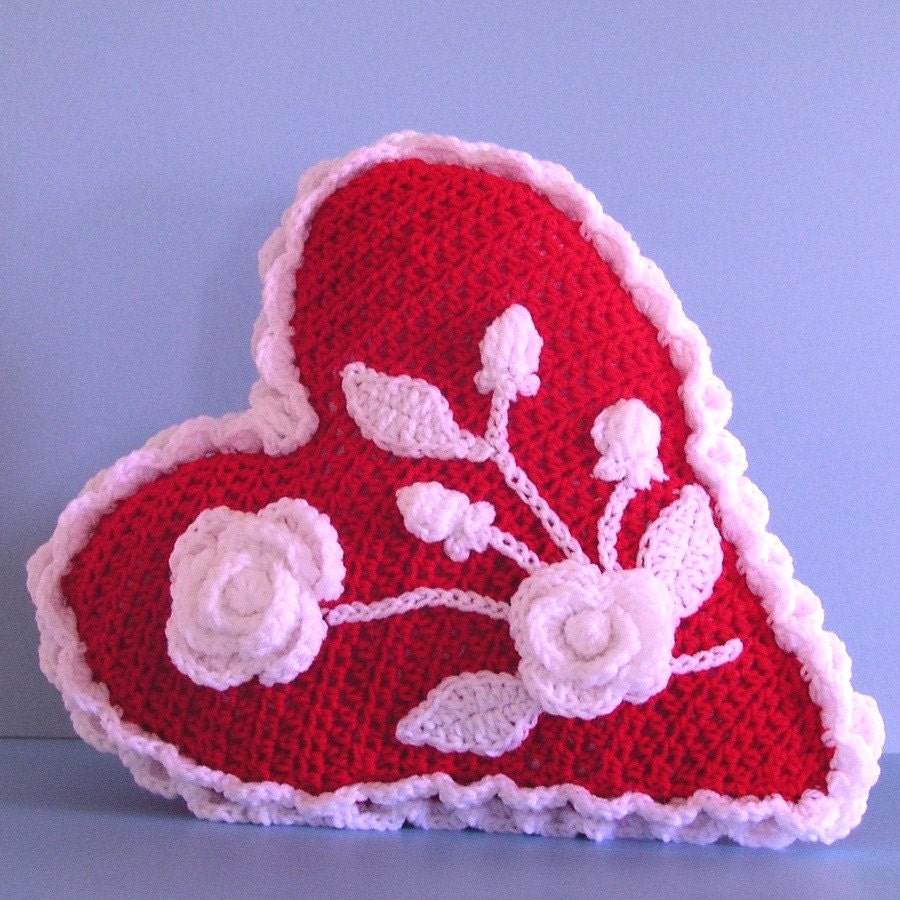 Crochet Pattern, Valentine Heart Rose Pillow, PDF File