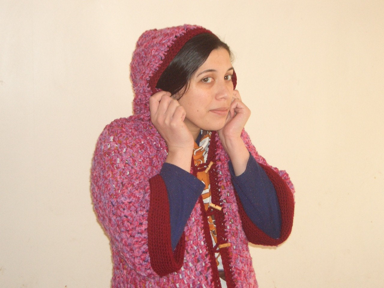 Variegated Red, Pink and Purple Hooded A-line Burgundy Trimmed Crochet Cluster Coat with 3/4 Bell Sleeves in Soft Acrylic Yarn