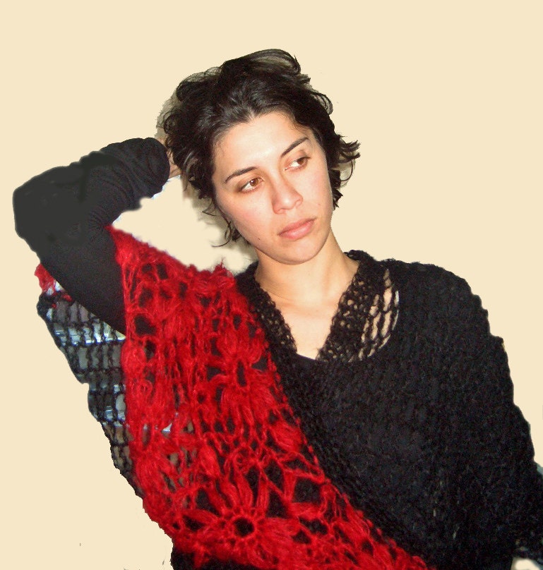 Red and Black Crochet Kimonoesque Batwing Sleeve Top - Wispy Soft Superfine Kid Mohair