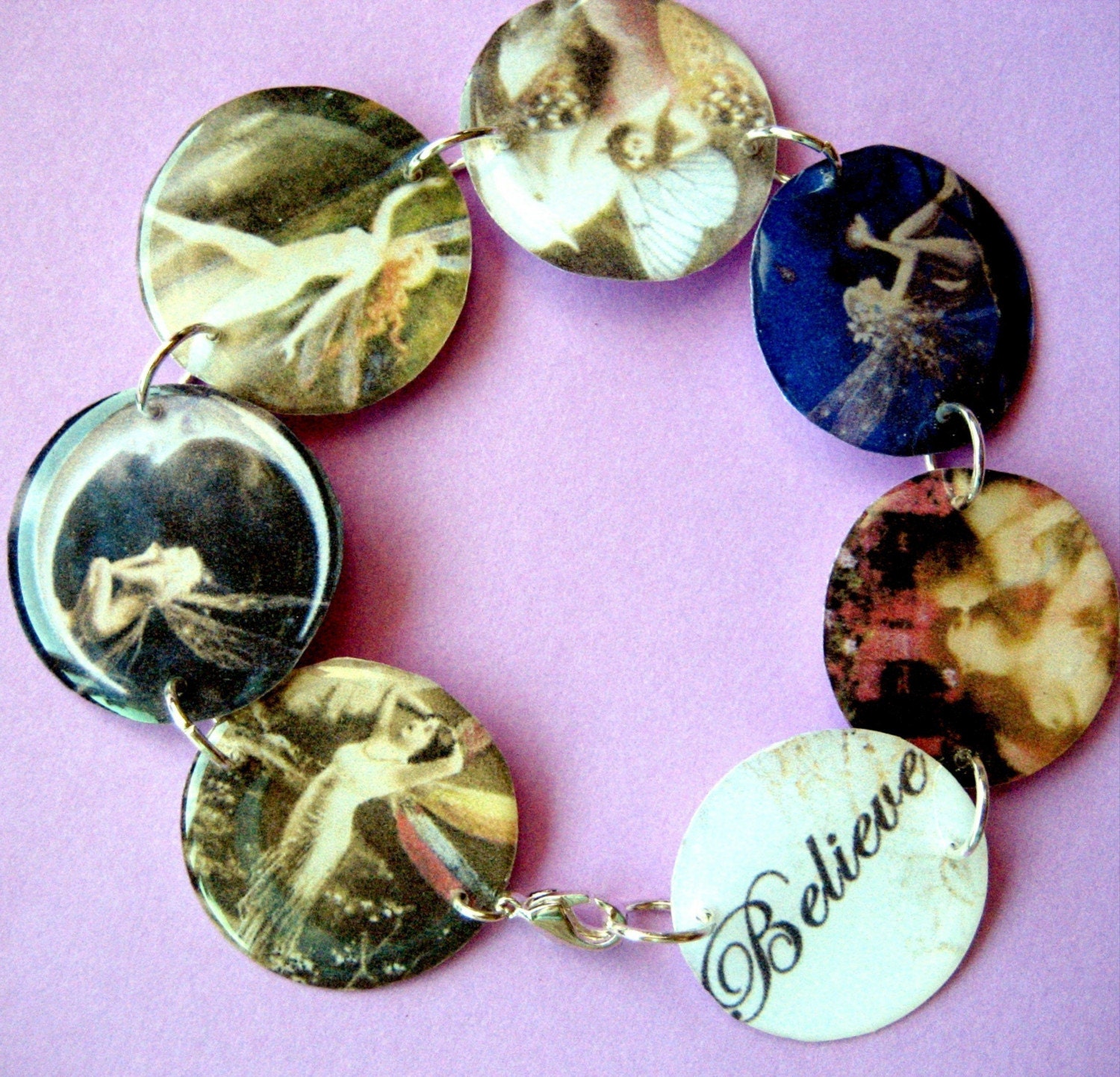 Fairy and Nymph lightweight resin circle charm bracelet 7.5 inch BELIEVE