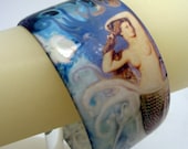Resin art cuff bangle bracelet - Aqua blue mermaid hair vintage folklore